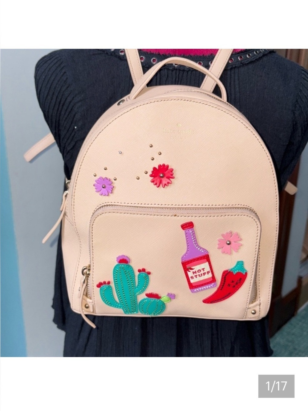 Kate Spade jalapeño cactus appliqué backpack Saffiano Leather beige red purple